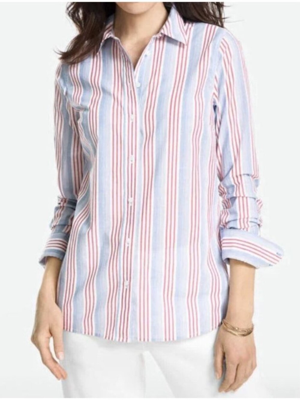 Talbots Button Front Shirt Womens 1XP Red Blue Shore Stripe Long Sleeve Classic